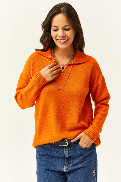 Olalook Pulover de damă portocaliu cu guler polo spălat cu textura moale KZK-19000432