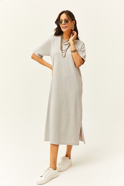 Olalook Graues Oversize-Baumwollkleid von Yunus für Damen mit Seitenschlitzen ELB-19001880