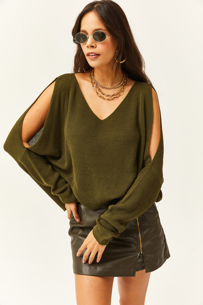 Olalook Kadın Haki V Yaka Omuz Dekolteli Salaş Triko Bluz BLZ-19002191