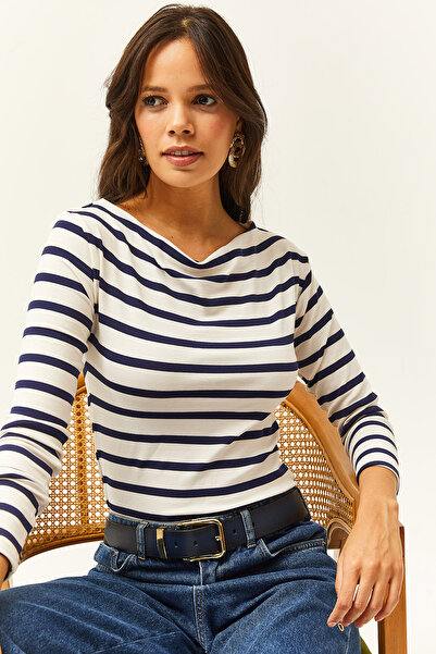 Olalook Marineblau gestreifte Premium-Soft-Touch-Stretchbluse mit U-Boot-Ausschnitt für Damen BLZ-19002448