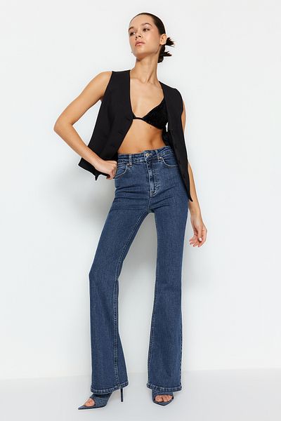 Trendyol Collection Blugi evazați albastru închis cu talie înaltă TWOSS24JE00043