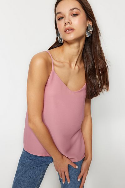 Trendyol Collection Ανοιχτό ροζ Basic μπλούζα με υφαντό λουράκι TWOSS19BB0224