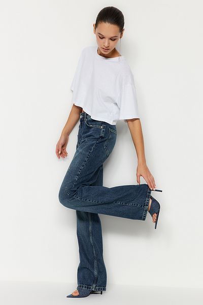 Trendyol Collection Blaue, nachhaltigere, zerrissene Jeans mit hoher Taille und weitem Bein TWOSS24JE00023