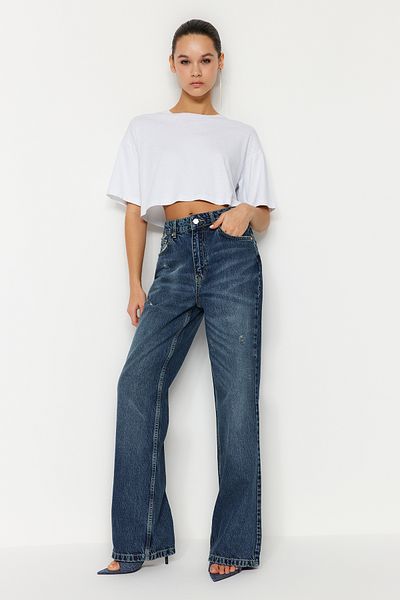 Trendyol Collection Blaue, nachhaltigere, zerrissene Jeans mit hoher Taille und weitem Bein TWOSS24JE00023