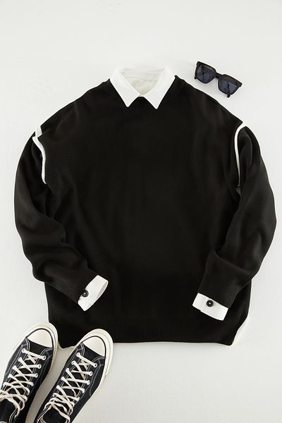 Trendyol Collection Schwarzer Strickpullover mit Rundhalsausschnitt – Übergröße, Paspeldetail TMNAW22KZ0142