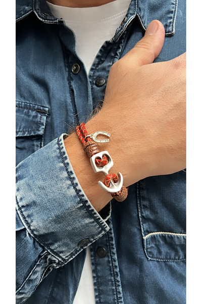 Kutcha Accessories Kahverengi Hakiki Deri Çapa Model Erkek Bileklik