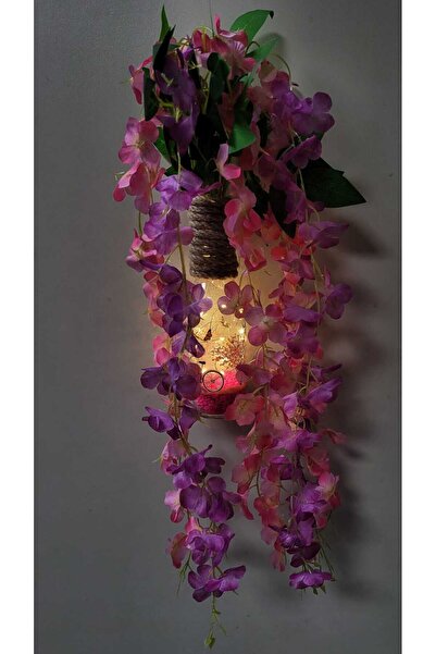 La bella bazar Led Işıklı Mantar Tıpalı Cam Şişe, Yapay Çiçek Askılı Masa Ve Gece Lambası Ev Dekoru