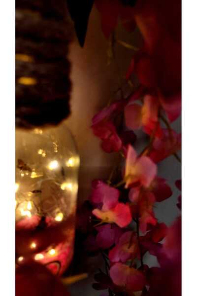 La bella bazar Led Işıklı Mantar Tıpalı Cam Şişe, Yapay Çiçek Askılı Masa Ve Gece Lambası Ev Dekoru