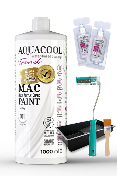 Aquacool Trend Akrilik Hobi Boyama Seti 1000 ml, 2 Adet Katalizör, Kadife Rulo 10 Cm, Boyacı Tavası, İpek Fırça