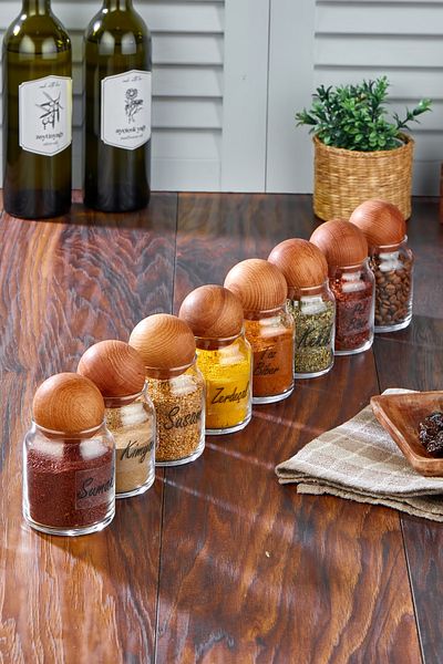 FBZhome Labeled 8-Piece Wooden Ball Lid 300 Ml Glass Spice Bowl Snack Bowl Sugar Bowl Set