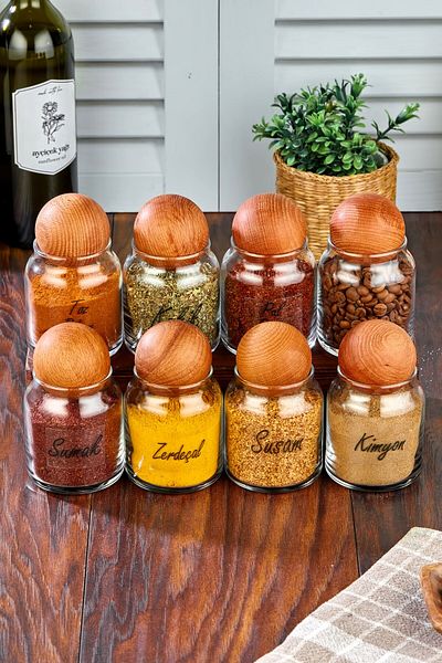 FBZhome Labeled 8-Piece Wooden Ball Lid 300 Ml Glass Spice Bowl Snack Bowl Sugar Bowl Set