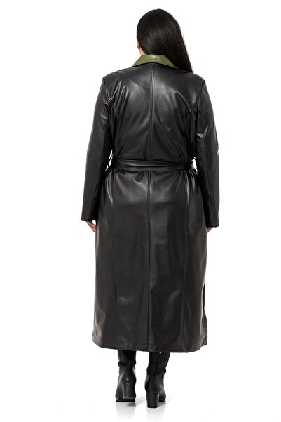 DISENTIS MODEST Plus Size Garnished Side Pocket Lined Leather Black Long Coat
