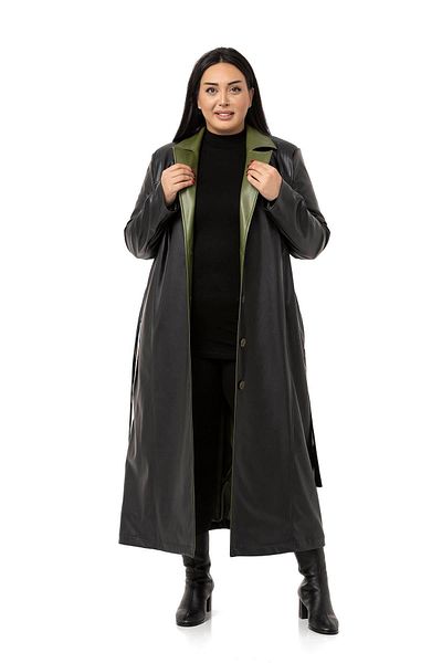 DISENTIS MODEST Plus Size Garnished Side Pocket Lined Leather Black Long Coat