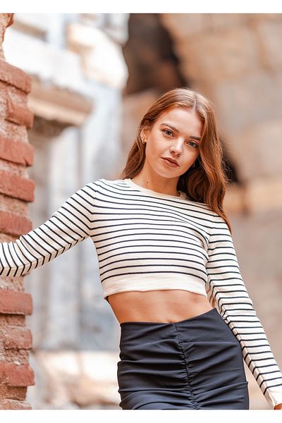 VerdeBlanco Pulover cu mânecă lungă cu dungi Crop Knitwear