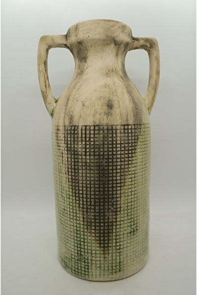 seceseramik Seramik Vazo Kulplu Dekoratif Kareli Vazo