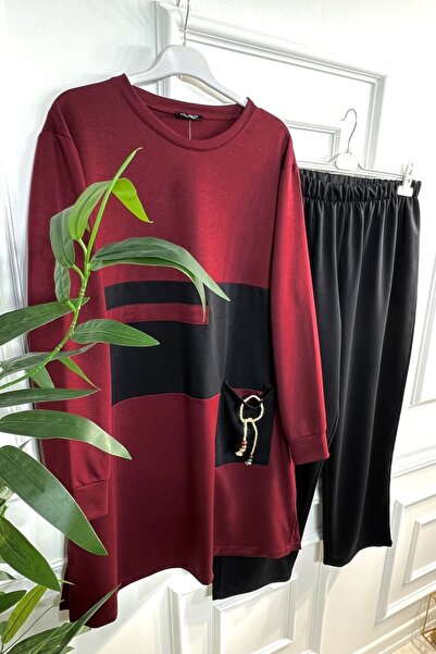 Aşkı Endam Large Size Bead Pocket Detailed Double Combed Cotton Set - Claret Red