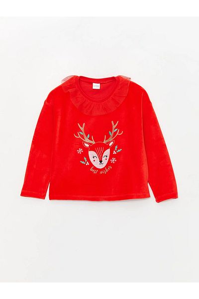 LC Waikiki LCW Kids Crew Neck New Year Themed Long Sleeve Velvet Girls Pajama Set