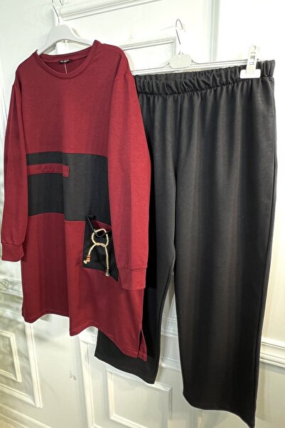 Aşkı Endam Large Size Bead Pocket Detailed Double Combed Cotton Set - Claret Red