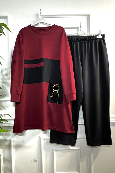 Aşkı Endam Large Size Bead Pocket Detailed Double Combed Cotton Set - Claret Red