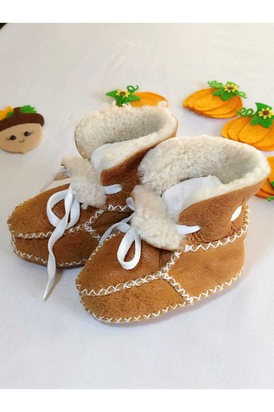 MİNİBİRİ Organic Genuine Lambskin Baby Booties Slippers Baby Boots Baby Shoes