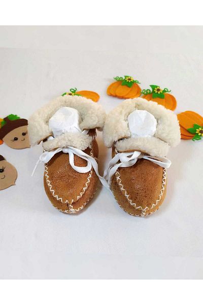 MİNİBİRİ Organic Genuine Lambskin Baby Booties Slippers Baby Boots Baby Shoes