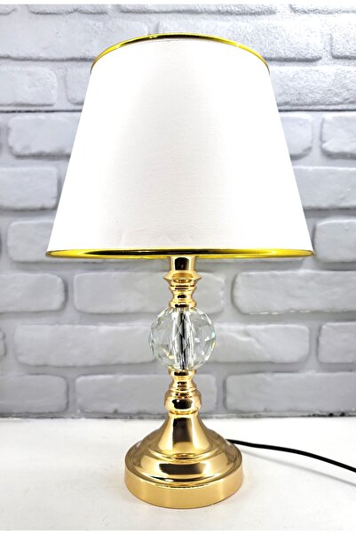 365GUNSERİSONU Gold Plated Large Crystal Stone Metal Leg White Gold Striped Fabric Hat Lampshade Lighting