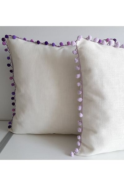 Fabric by Gülçin Βαμβακερή Κρέμα Ακατέργαστης Λινάτσας Μωβ Μικροσκοπική Πομπον Μαξιλαροθήκη