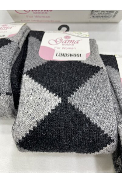 Gama Çorap 3 Pieces Genuine Lamb Wool Plaid Long Below the Knee Thick Winter Women's Socks