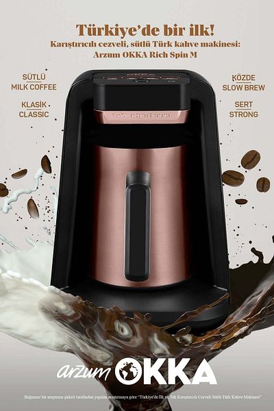 Arzum Okka Rich Spin M - Milk Turkish Coffee Machine with Steel Coffee Pot, Copper 5 Cup Capacity