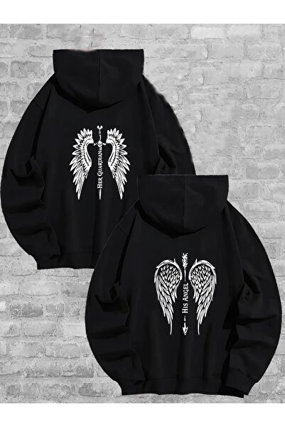 blausee wear Φούτερ Unisex O oversized K με κουκούλα για την Ημέρα του Αγίου Βαλεντίνου - Μοτίβο με φτερά αγγέλου, Σετ ζευγάρι 2-τεμαχίων