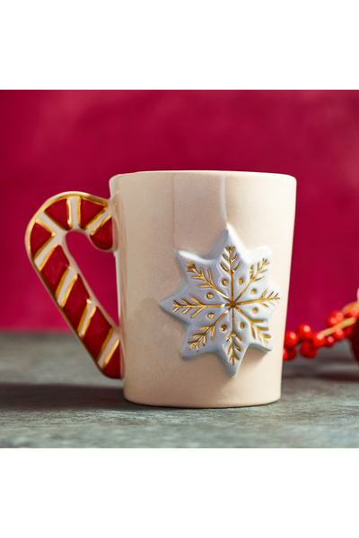 PINKU Ceramics Kar Tanesi El Yapımı Seramik Kupa Bardak Gerçek Altın Dekorlu