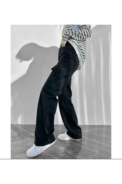 LAMİRAMOOD ΜΑΥΡΟ Cargo Pocket Παντελόνι Wide Leg Jeans ΠΑΝΤΕΛΟΝΙ