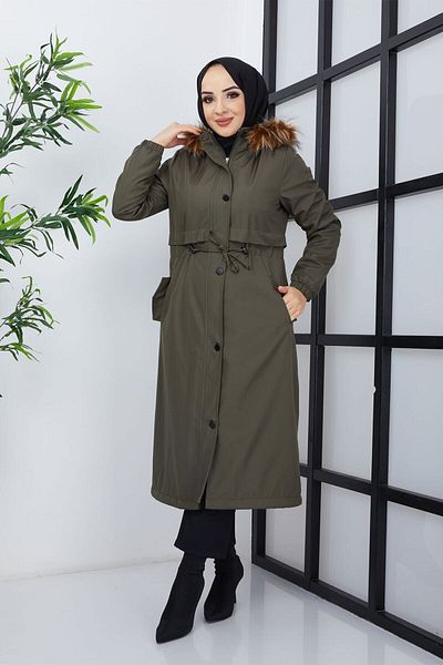 Qenz Water and Windproof Coat with Fur Inside Epaulet Pockets - Khaki