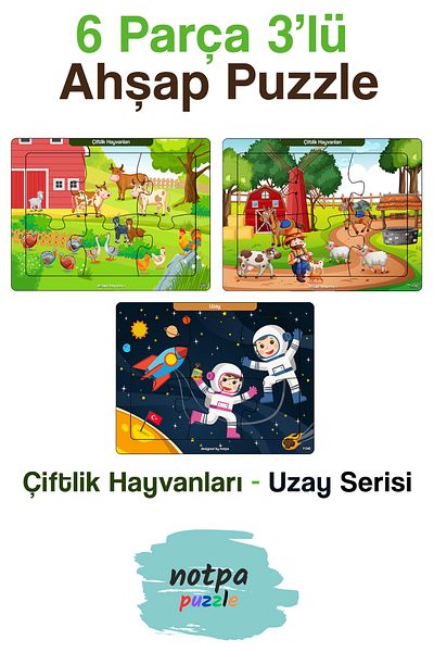 kutuTR Notpa Explorer Kids Farm Animals Space Series Puzzle Set 6 Pieces 13x17 Colorful Set of 3 3x-303