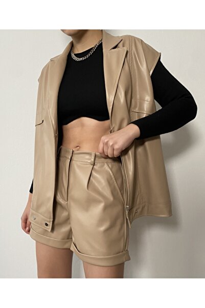 minaaise Beige Leather Zippered Oversize Vest 26081