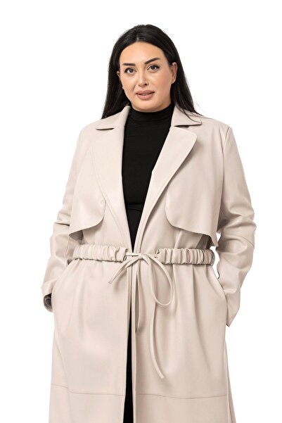 DISENTIS MODEST Large Size Drawstring Belted Windbreaker Long Leather Lined Stone Color Coat