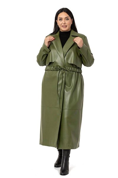 DISENTIS MODEST Large Size Gathered Belted Windbreaker Long Leather Lined Khaki Coat