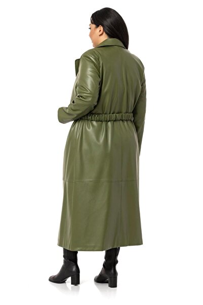 DISENTIS MODEST Large Size Gathered Belted Windbreaker Long Leather Lined Khaki Coat