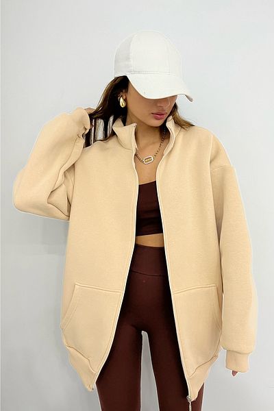Sun Victoria Cream Unisex Stand Collar Full Zip Oversize 3 Thread Ribbed Sweatshirt