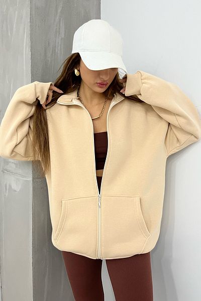 Sun Victoria Cream Unisex Stand Collar Full Zip Oversize 3 Thread Ribbed Sweatshirt