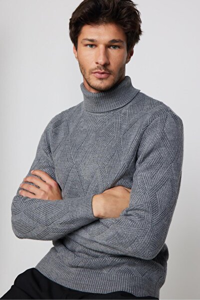 Tudors Men's Slim Fit Slim Fit Full Turtleneck Patterned Gray Knitwear Sweater