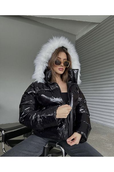 Ekim Store Dámské lesklé nafukovací kabáty Bomber s kapucí