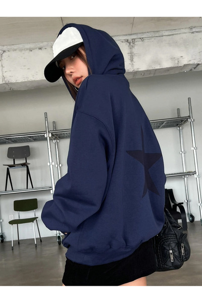 trendgar Yıldız sırt Baskılı lacivert Kapşonlu Sweatshirt