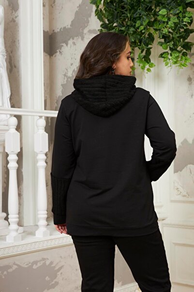 RMG Plus Size Black Sweatshirt with Sleeve Detail