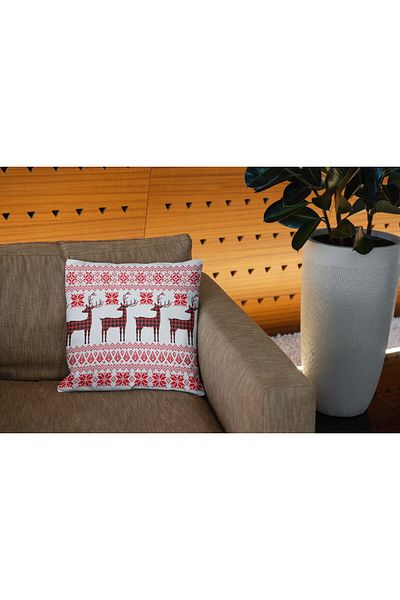 menesahome Menesa Home New Year's Themed Red Colored Deer Pattern Digital Printed 4-Piece Throw Pillow Cover
