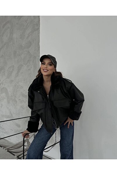 Ekim Store Black Fur Collar Leather Coat