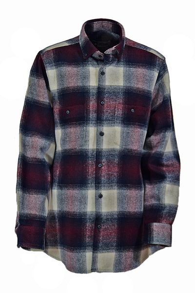 YILDIZ GÖMLEK Cream-Plum-Navy Plaid Pattern Buttoned Collar Double Pocket Classic Cut Lumberjack Shirt