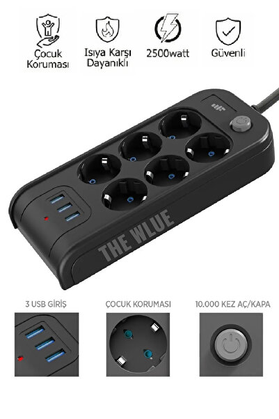 The Wlue Çoklu 6'lı Priz Akım Korumalı 3xUSB 3.4A 2500 Watt 2 Metre Uzatma Ka...