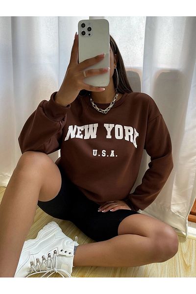 PALPİTO Дамски кафяв суитшърт с качулка и щампа New York USA