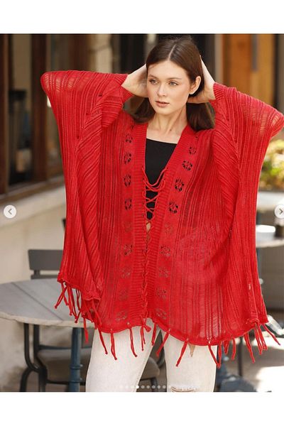 AYASOFYA OTANTIK Women's Red Rope Cross-Tied Tasseled Ethnic Authentic Oversize Loose Cotton Knitwear Blouse